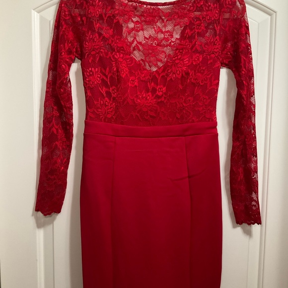 City Goddess London women’s red lace ponte knit mermaid gown 6 - Picture 6 of 11